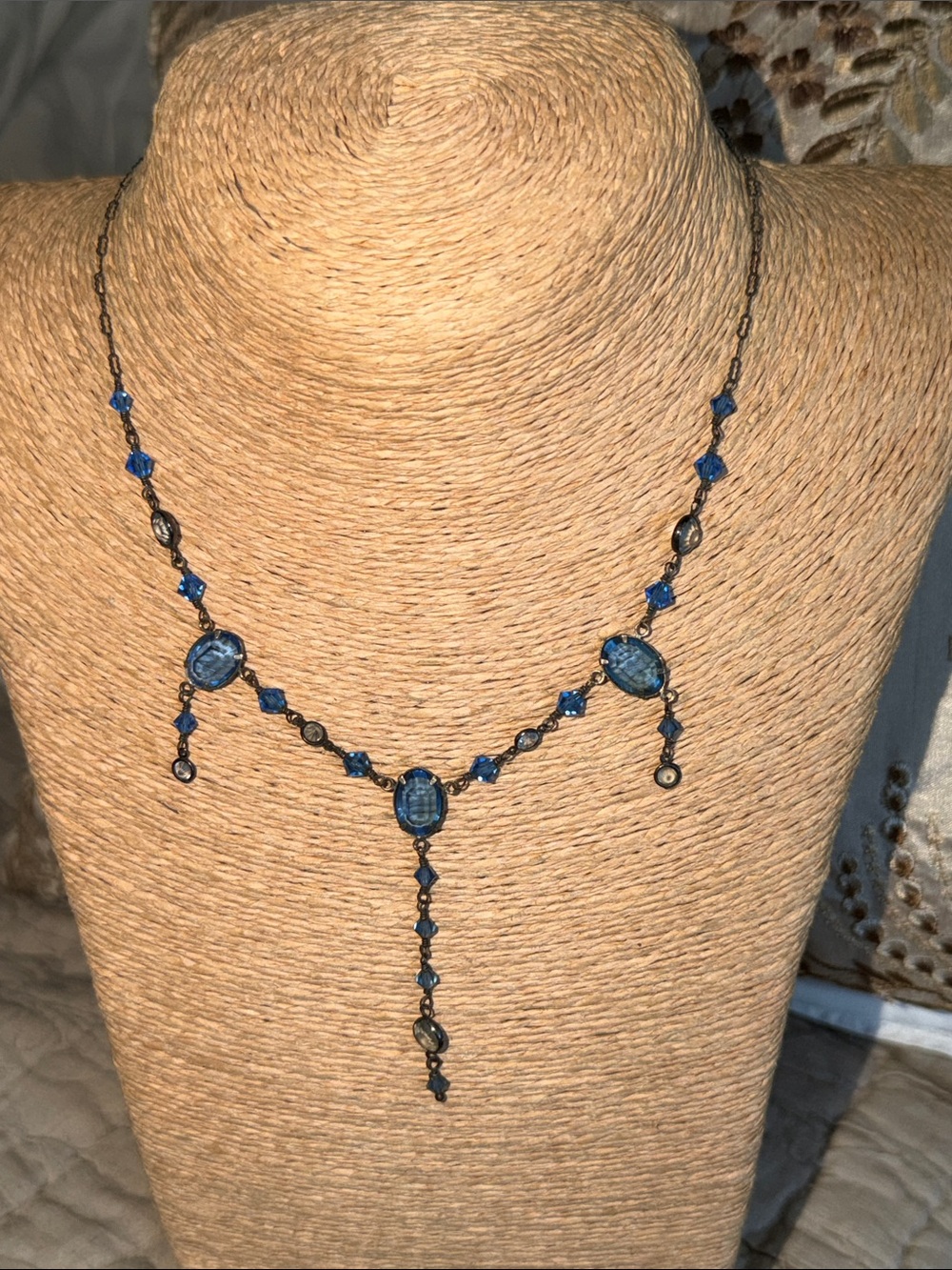 Blue Crystal Drop Necklace Sterling Silver vintage artisan made